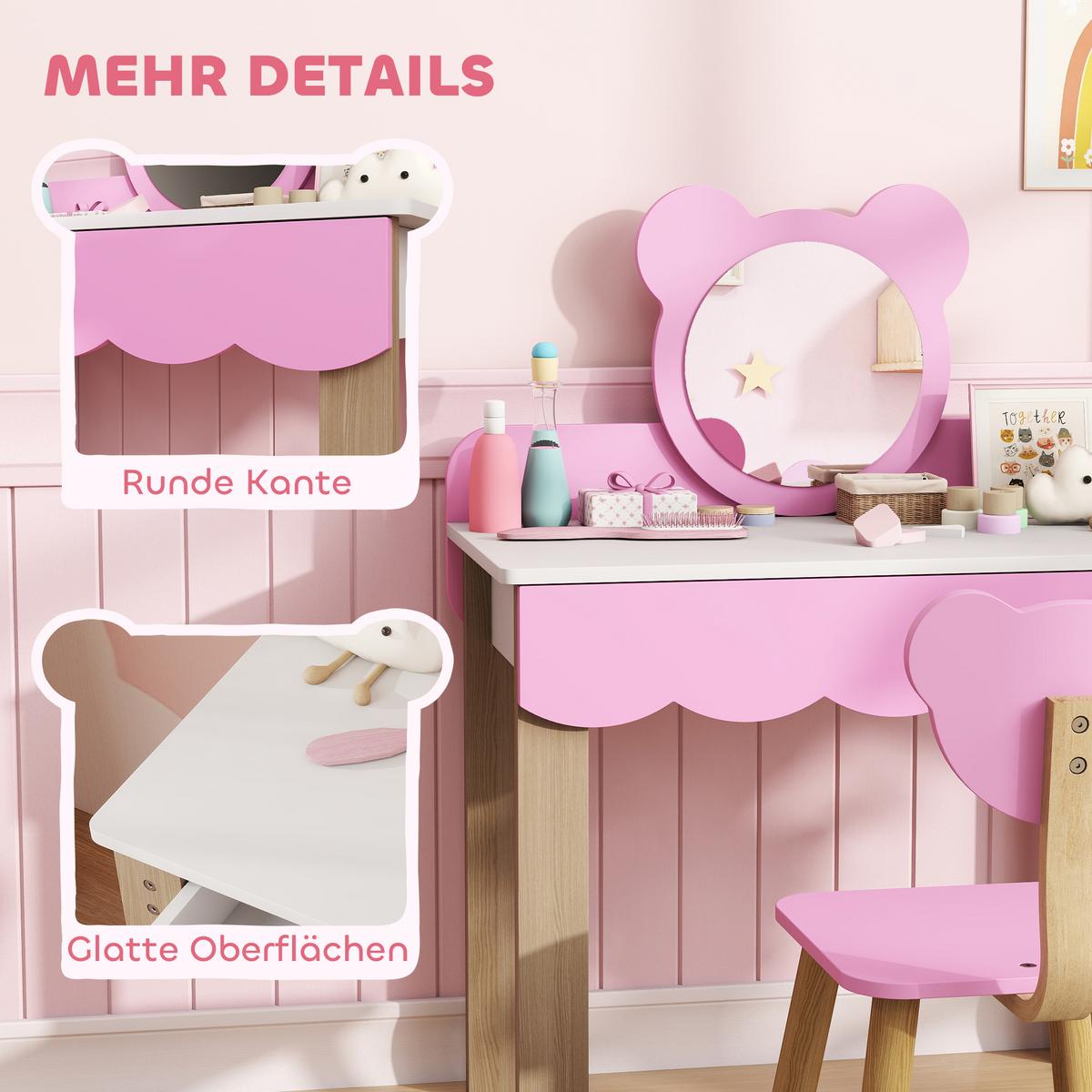 KINDER Schminktisch Set Frisiertisch mit Hocker Spiegel Schubladen Kosmetiktisch - Rosa/Naturfarben, Holzwerkstoff (35/86/68cm) - AIYAPLAY