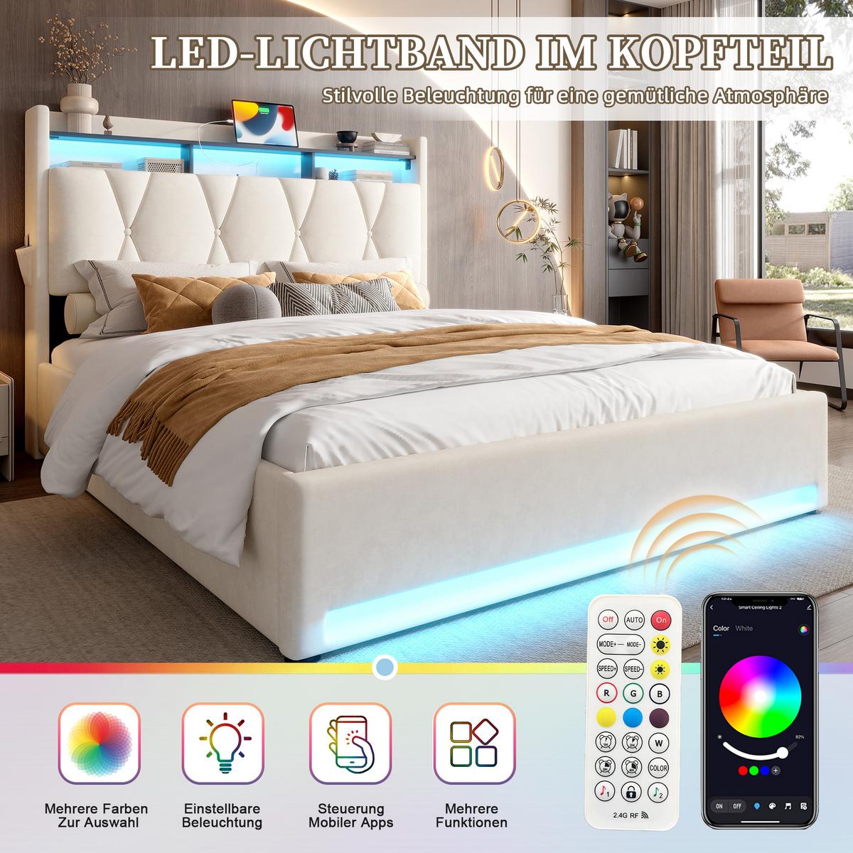 POLSTERBETT samt beige 160x200 cm mit led-beleuchtung, usb-c & stauraum-kopfteil - Beige, Textil (160/200cm) - Urban Meuble