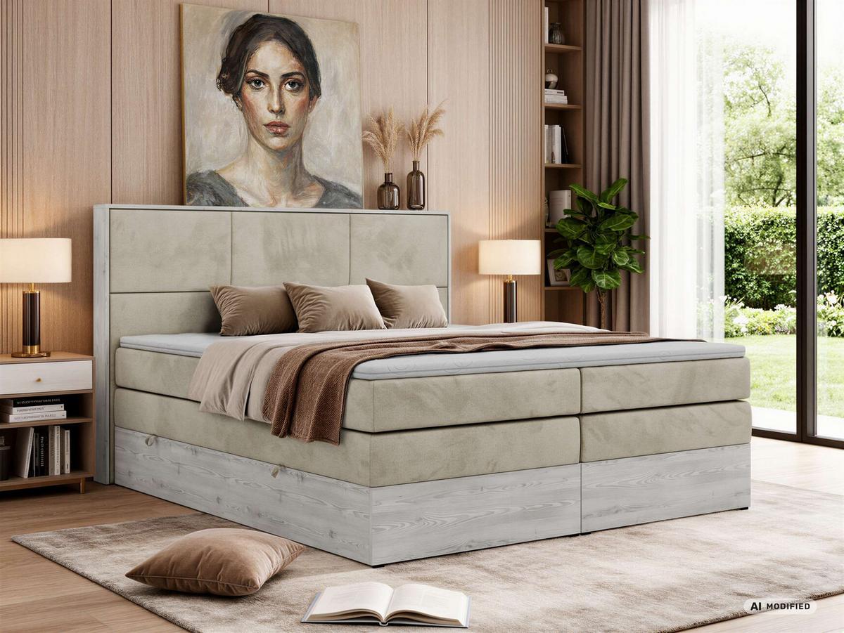 BOXSPRINGBETT DELNOR KING 140/200 - Beige Velvet - Topper Visco - H3 - Beige/Schwarz, Kunststoff/Textil (140/200cm) - MKS