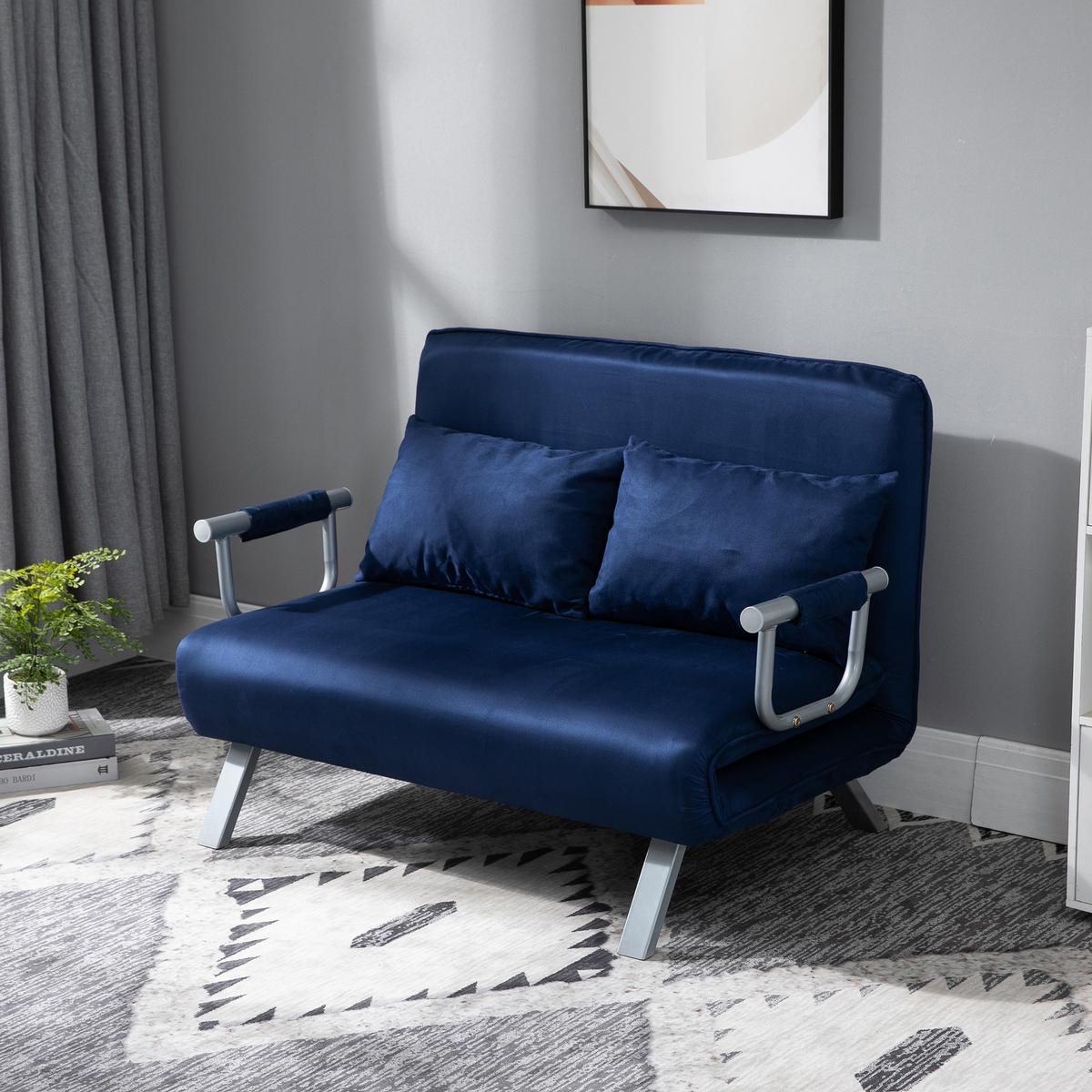 2-SITZER Sofa mit Schlaffunktion, Schlafsofa mit Verstellbarer Rückenlehne, Blau - Blau/Silberfarben, Textil/Metall (80/78/111cm) - HOMCOM