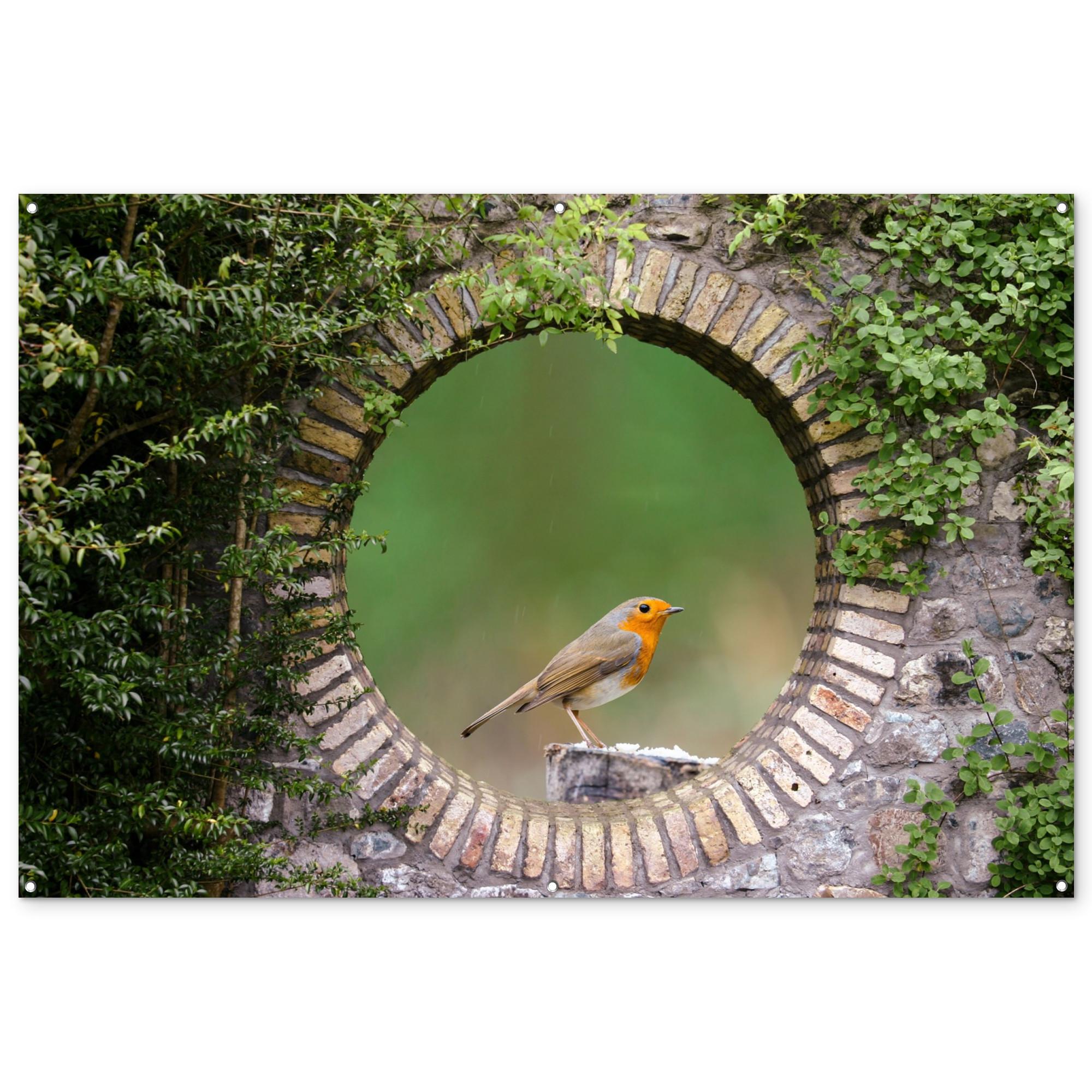 GARTENPOSTER Vogel - Durchblick - Rotkehlchen Poster für draußen 180x120 cm - Grün, Kunststoff (180/120/0.2cm) - OnlyWow