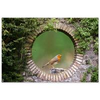 GARTENPOSTER Vogel - Durchblick - Rotkehlchen Poster für draußen 180x120 cm - Grün, Kunststoff (180/120/0.2cm) - OnlyWow