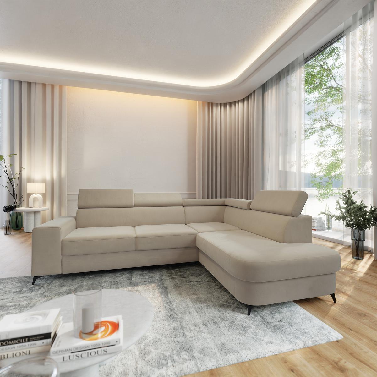 ECKSOFA ALVORO R-S Beige Velours-Stoff mit Schlaffunktion - Beige, Holz (253/190cm) - MASSENO