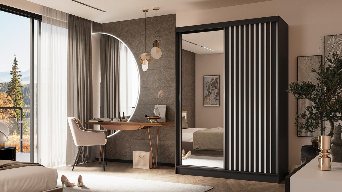 KLEIDERSCHRANK mit Spiegel-Schiebetüren und Aluminium-Leisten, LED-Beleuchtung - LAMELO - 150 cm Schwarz+Schwarz+Weiß - Schwarz/Weiß, Holzwerkstoff (150/216/61cm) - ALTDECOR