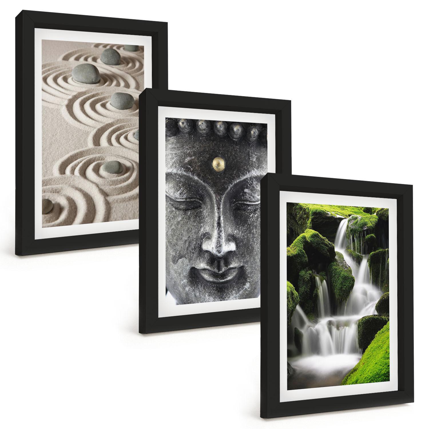 BILDER SET 3er Set - 20x30 cm Schwarzer Rahmen - Der Frieden der Steine des Buda Zen-Wasserfalls - Schwarz, Kunststoff (20/30cm) - TULUP