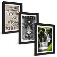 BILDER SET 3er Set - 20x30 cm Schwarzer Rahmen - Der Frieden der Steine des Buda Zen-Wasserfalls - Schwarz, Kunststoff (20/30cm) - TULUP