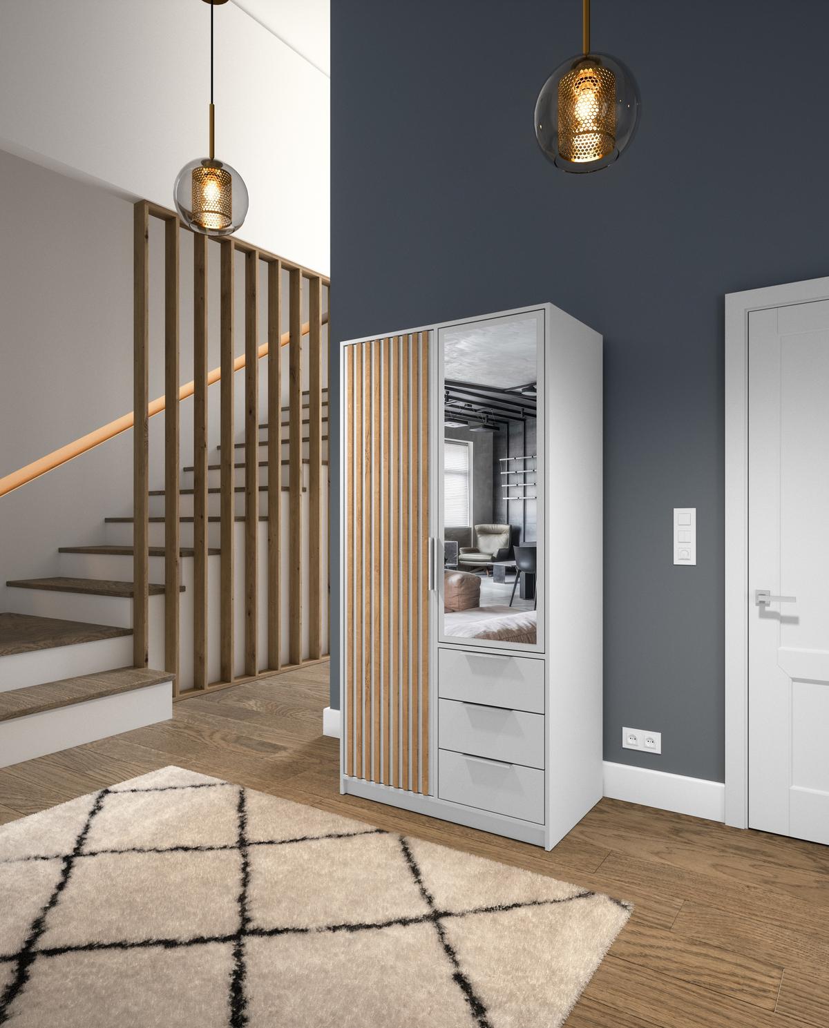 DREHTÜRENSCHRANK GAREN 100/200/57,5 cm 2-türig mit Spiegel Weiß - Weiß, Holzwerkstoff (100/200/57.5cm) - MASSENO