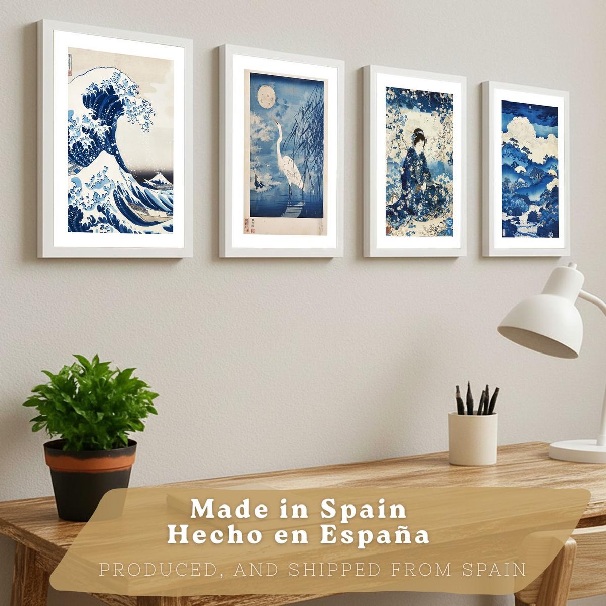POSTER 4er Bilder-Set Wandbilder Japanisch modern Wohnzimmer Deko, Schlafzimmer, Küche, Badezimmer Weißer Rahmen A4 - Weiß, Papier (29.7/1/21cm) - Nacnic