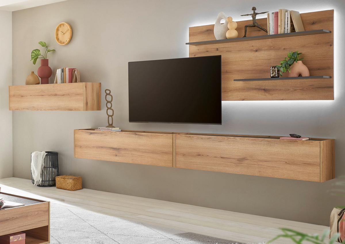 WOHNWAND Evoke Eiche, grau, Set 4-teilig 400 cm inklusive Beleuchtung - Eichefarben/Grau, Holzwerkstoff/Metall (400/180/30cm) - Furn.Design