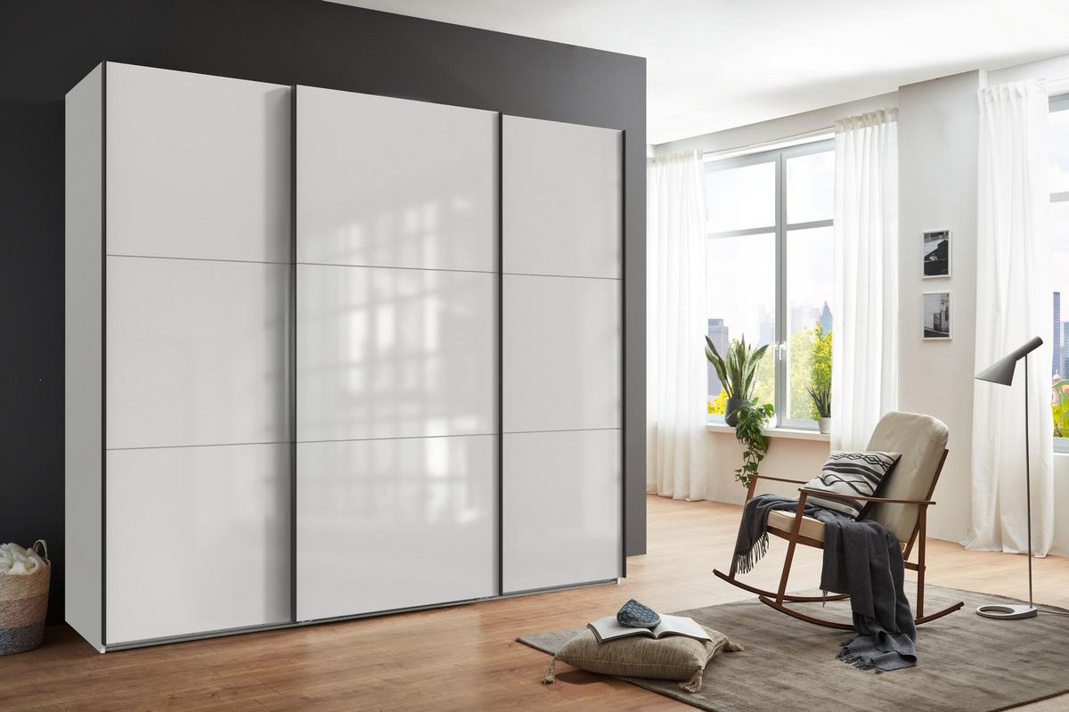 SCHWEBETÜRENSCHRANK 3-türig B250/H216/T65 cm in Weiß mit Glasfront, Kleiderschrank inkl. Vollausstattung / 22030 - Eichefarben/Weiß, Holzwerkstoff/Metall (250/216/65cm) - luma-home