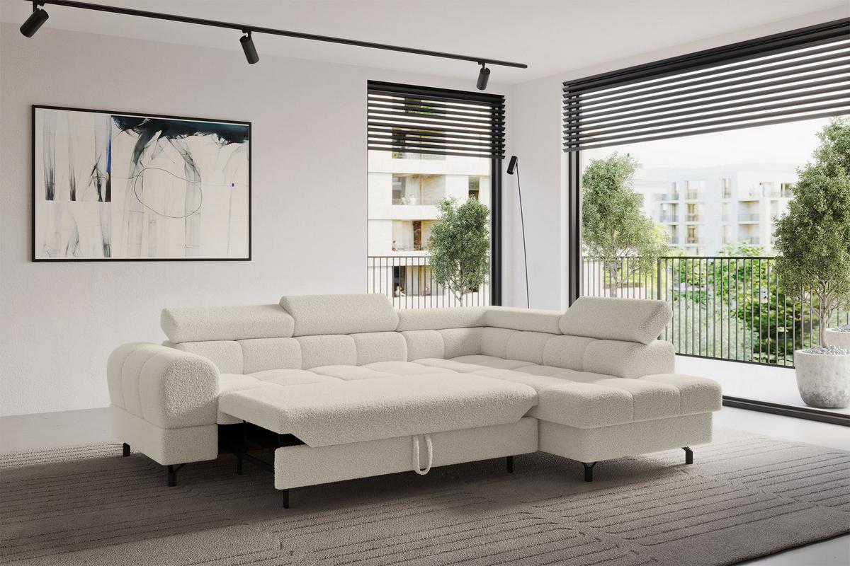 ECKSOFA mit Schlaffunktion Ottomane Rechts LUMA-L 272x203x70 Beige Bouclé - Beige/Schwarz, Holzwerkstoff/Kunststoff (203/272cm) - ALTDECOR