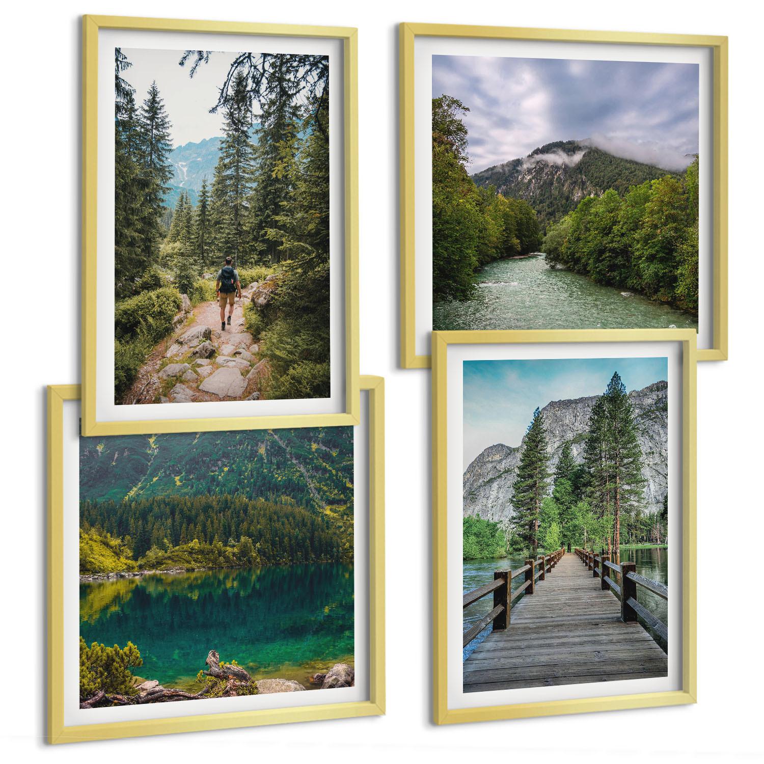 BILDER SET 4er Set - 50x50 cm & 40x60 cm Goldrahmen - Berge, Seen, Wälder, Wege - Goldfarben, Kunststoff (50/50cm) - TULUP
