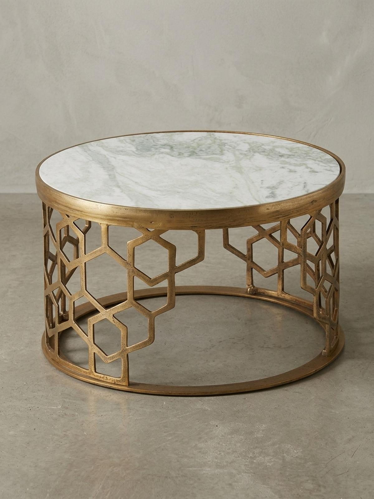 COUCHTISCH Weiß Marmor und Metall, Rund, Maße 60x60x36 cm, Modernes Design - Goldfarben/Weiß, Stein/Metall (60/60/36cm) - KADIMA DESIGN