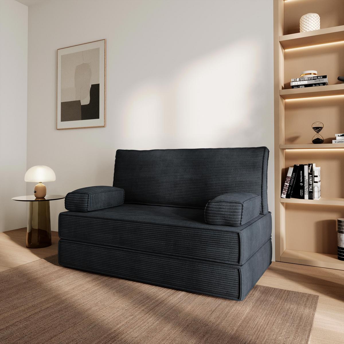 BETTSOFA LADIA aus Schaumstoff Kordstoff Schwarz Schlaffunktion - Schwarz, Textil (140/86/60cm) - MASSENO