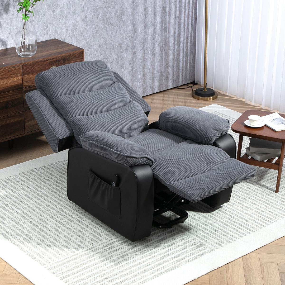 FERNSEHSESSEL mit Aufstehhilfe Liegesessel mit Liegefunktion, Seitentasche - Dunkelgrau/Schwarz, Textil/Metall (96/108/96cm) - HOMCOM