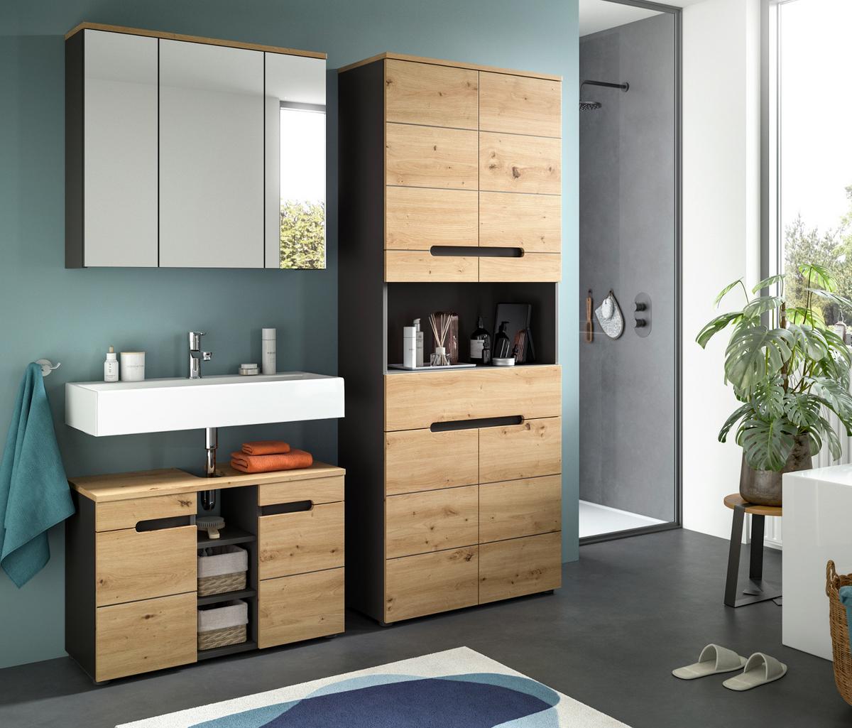 BADMÖBEL-SET Eiche, grau 3-teilig 171 cm, Komplettset mit Soft-Close - Schwarz/Eiche Artisan, Glas/Holzwerkstoff (171/193/34cm) - Inn.Furn
