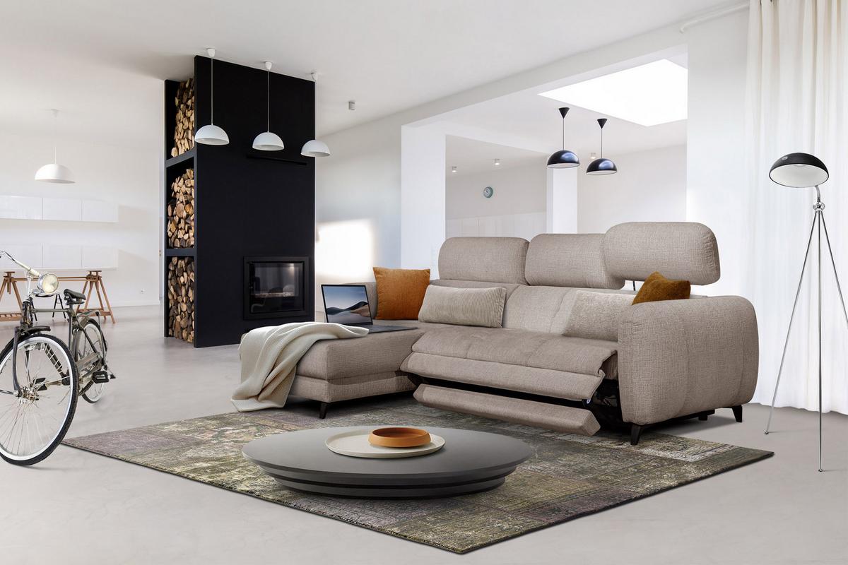 ECKSOFA SVEN 3-Sitzer, 1 Relax XL, verstellbare Kopfstützen, beige - Beige/Schwarz, Holzwerkstoff/Textil (256/163cm) - Wozimo