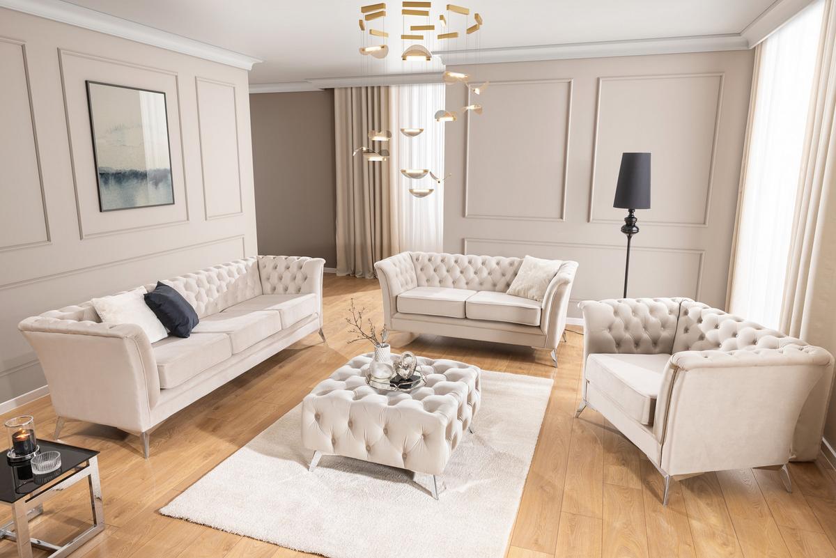 CHESTERFIELD-SOFA 2-sitzer Whitby Beige Samt mit silbernen Füßen - Beige/Silberfarben, Holz/Textil (175/78/82cm) - S-Style Möbel
