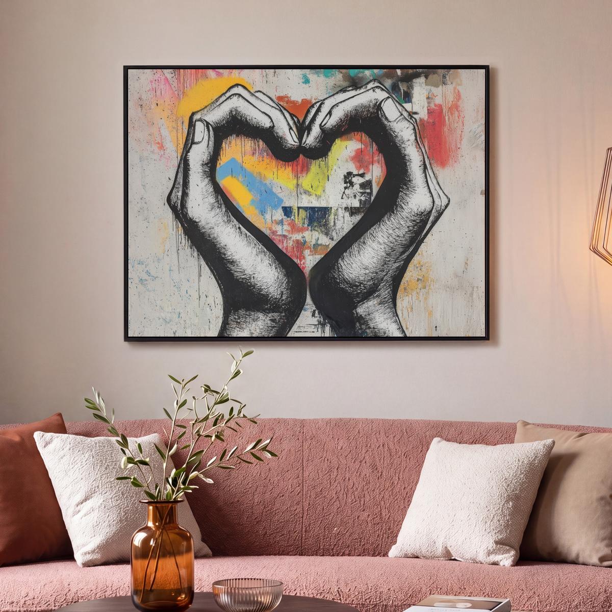 LEINWAND Bilder mit Rahmen - Hände - Herz - Straßenkunst - Graffiti - 100x70 - Multicolor, Textil (100/70cm) - MuchoWow