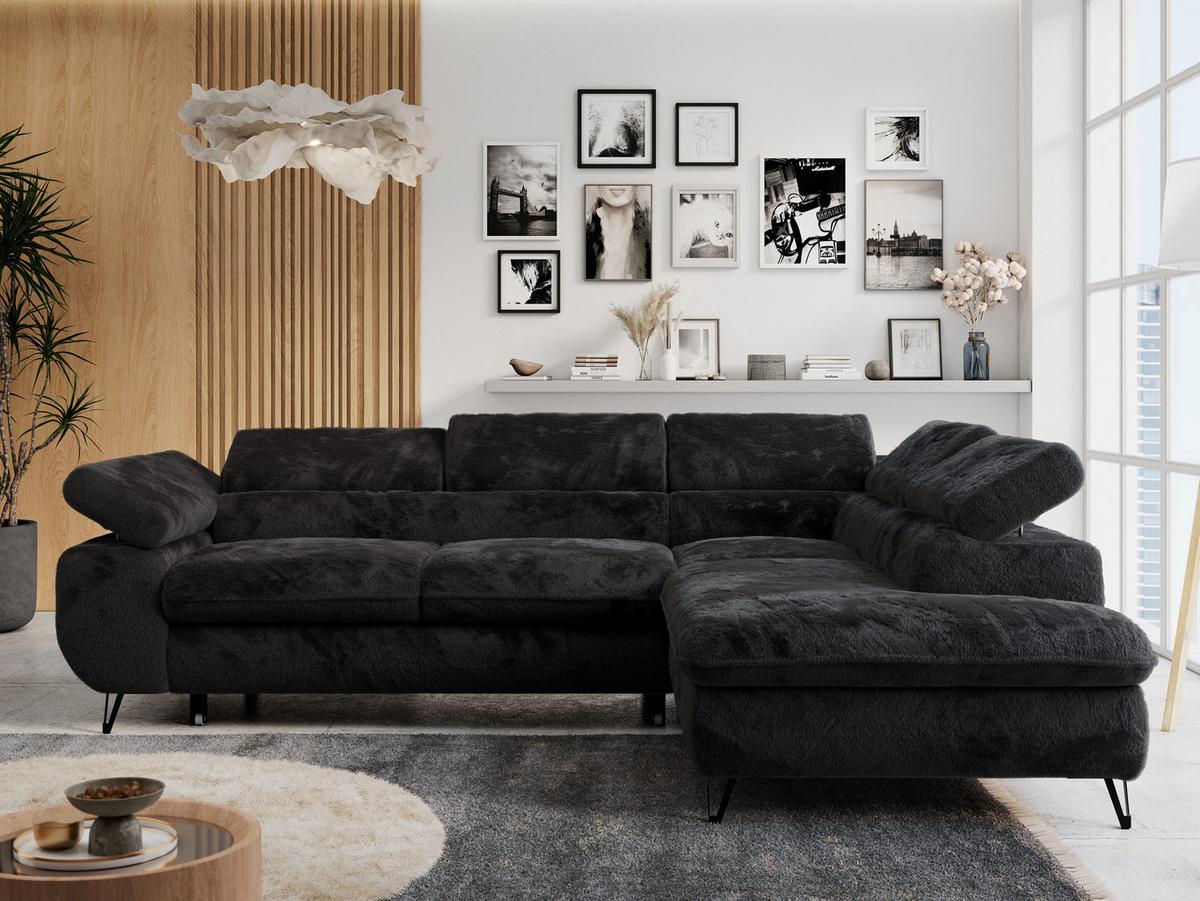 ECKSOFA PETER L Schwarz Plüsch - Rechts Seite - Schwarz, Textil/Metall (273/208cm) - MKS
