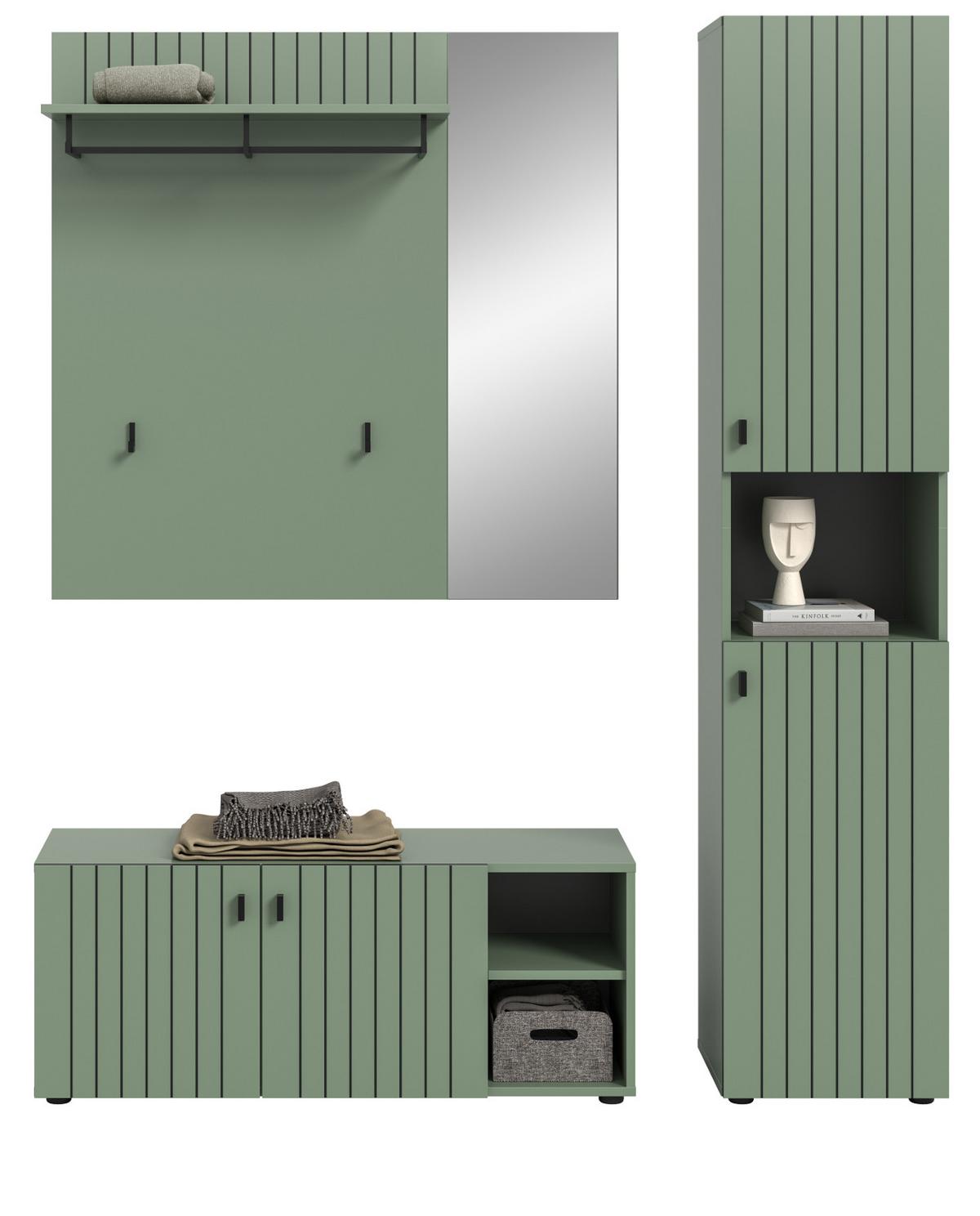 GARDEROBE-SET grün 3-teilig 161 cm, Flurschränke mit Rillen-Optik - Schwarz/Grün, Glas/Holzwerkstoff (161/192/37cm) - Inn.Furn