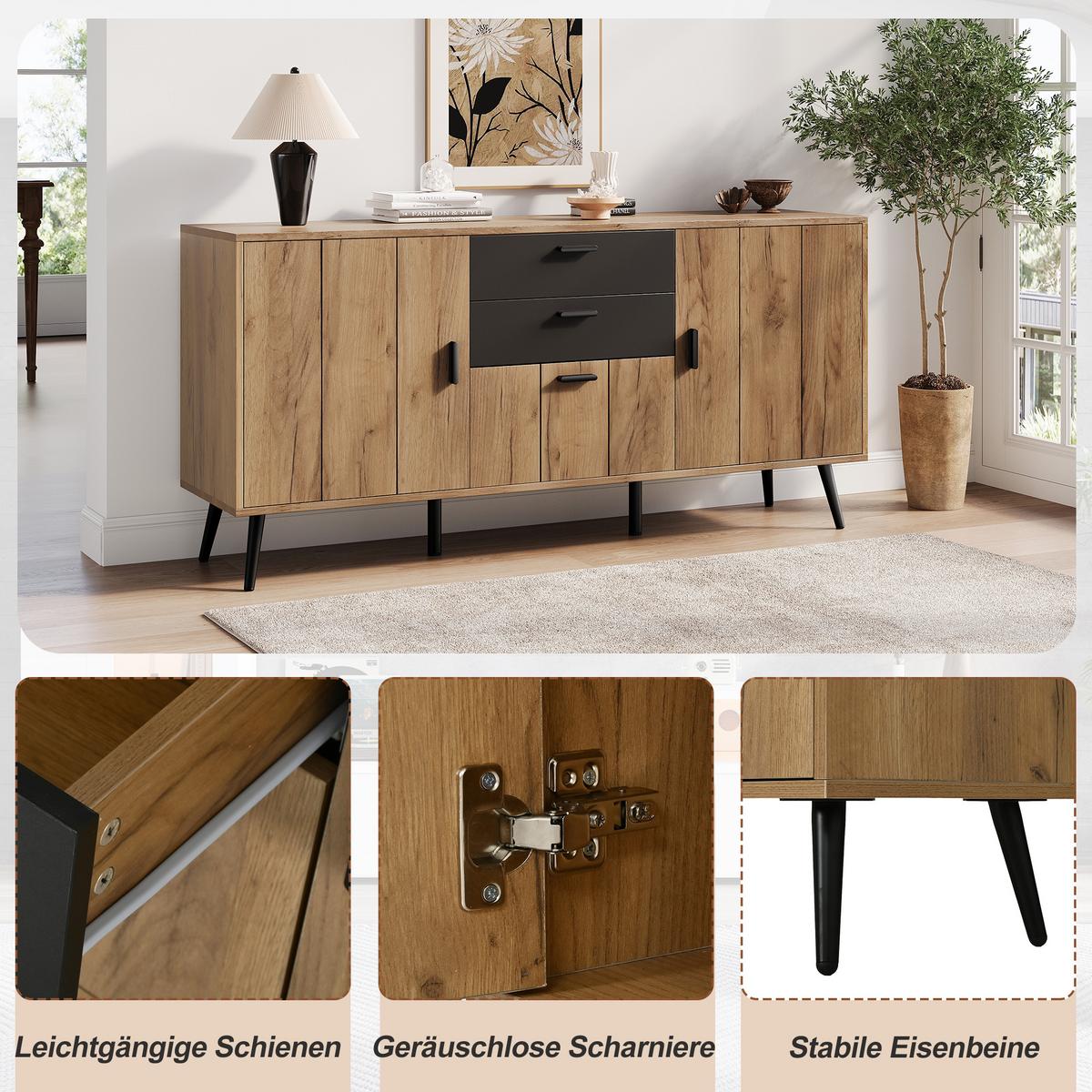 SIDEBOARD 140cm Holz/Schwarz mit 2 Schubladen, 3 Türen & 7 Fächern - Naturfarben, Holzwerkstoff (140/67/35cm) - Urban Meuble