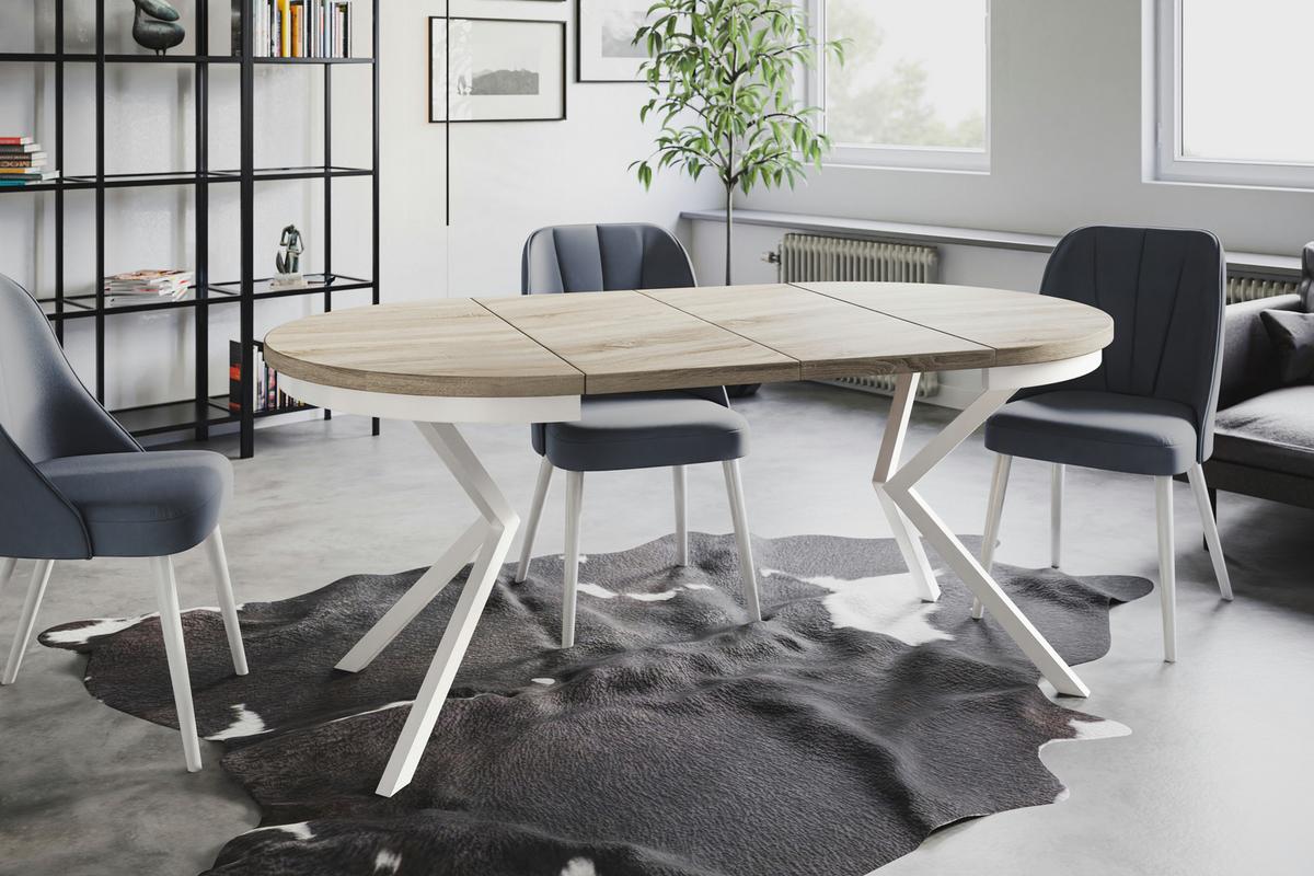 RUNDER Esszimmertisch BERGO, ausziehbarer Tisch Durchmesser: 90 cm/170 cm, Wohnzimmertisch Farbe: Beige, mit Metallbeinen in Farbe Weiß - Weiß/Sonoma Eiche, Holzwerkstoff (90/90/76cm) - Alpi-Möbel