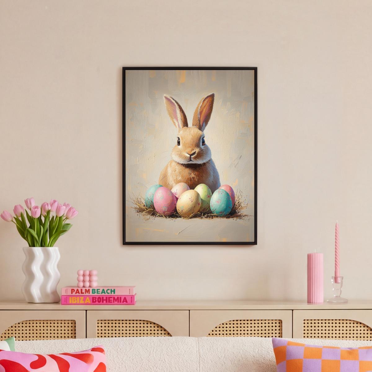 LEINWAND Bilder mit Rahmen - Osterhase - Pastell - Eier - 50x70 - Beige, Textil (50/70cm) - MuchoWow