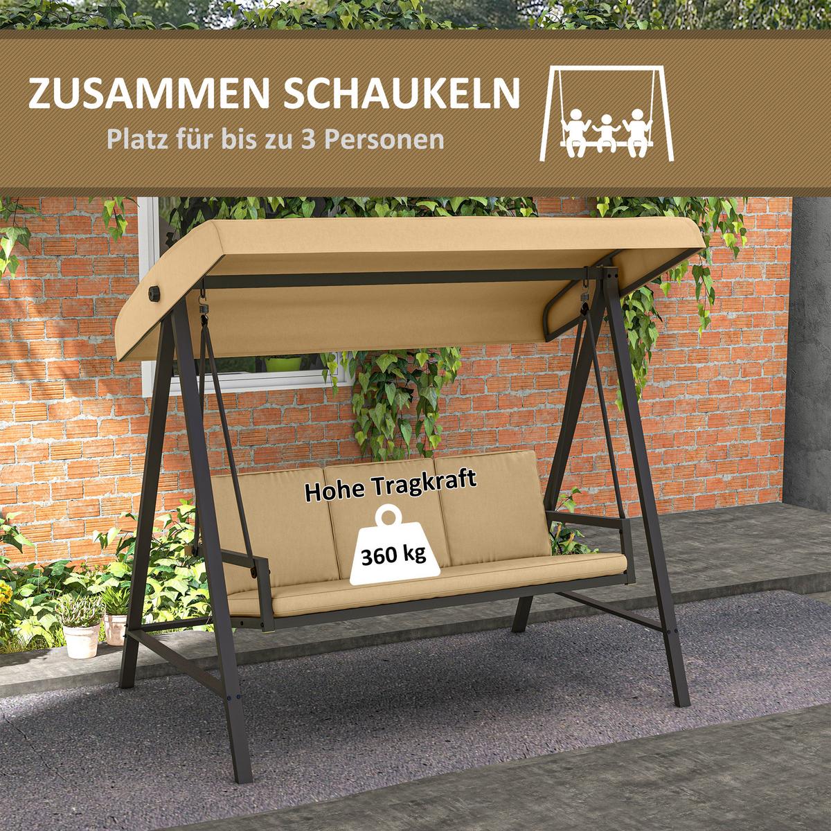 HOLLYWOODSCHAUKEL, 3-Sitzer, Beige, 200 x 125 x 175 cm - Beige, Kunststoff (125/175/200cm) - Outsunny
