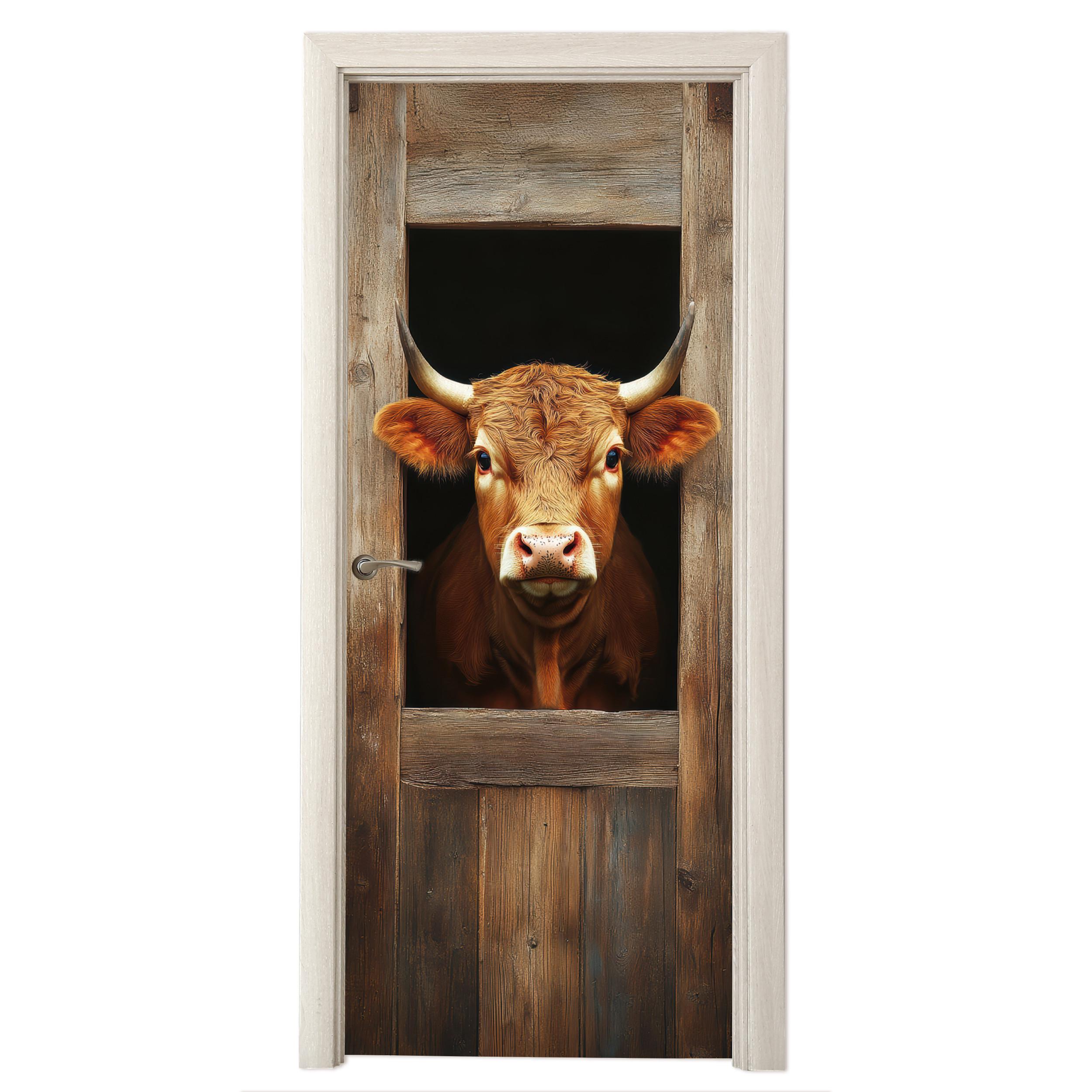 TÜRAUFKLEBER Kuh - Fenster - Holz - Tiere Room Decor 85x205 cm - Türtapete - Wengefarben, Kunststoff (85/0.1cm) - MuchoWow