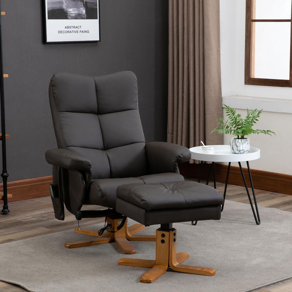 RELAXSESSEL mit Liegefunktion Massagesessel mit Fußhocker Polyester Braun - Braun/Mokka, Leder/Holz (86/99/80cm) - HOMCOM