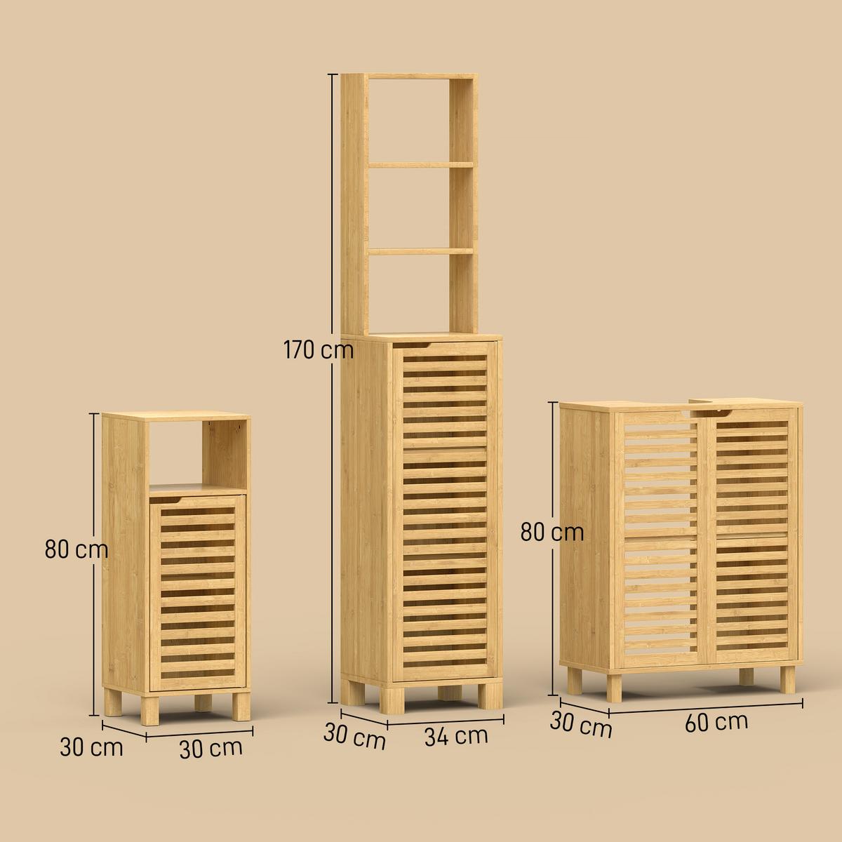 BADEZIMMERSCHRANK-SET Bambus Naturholz - Naturfarben, Holz/Bambusholz (30/80/60cm) - HOMCOM