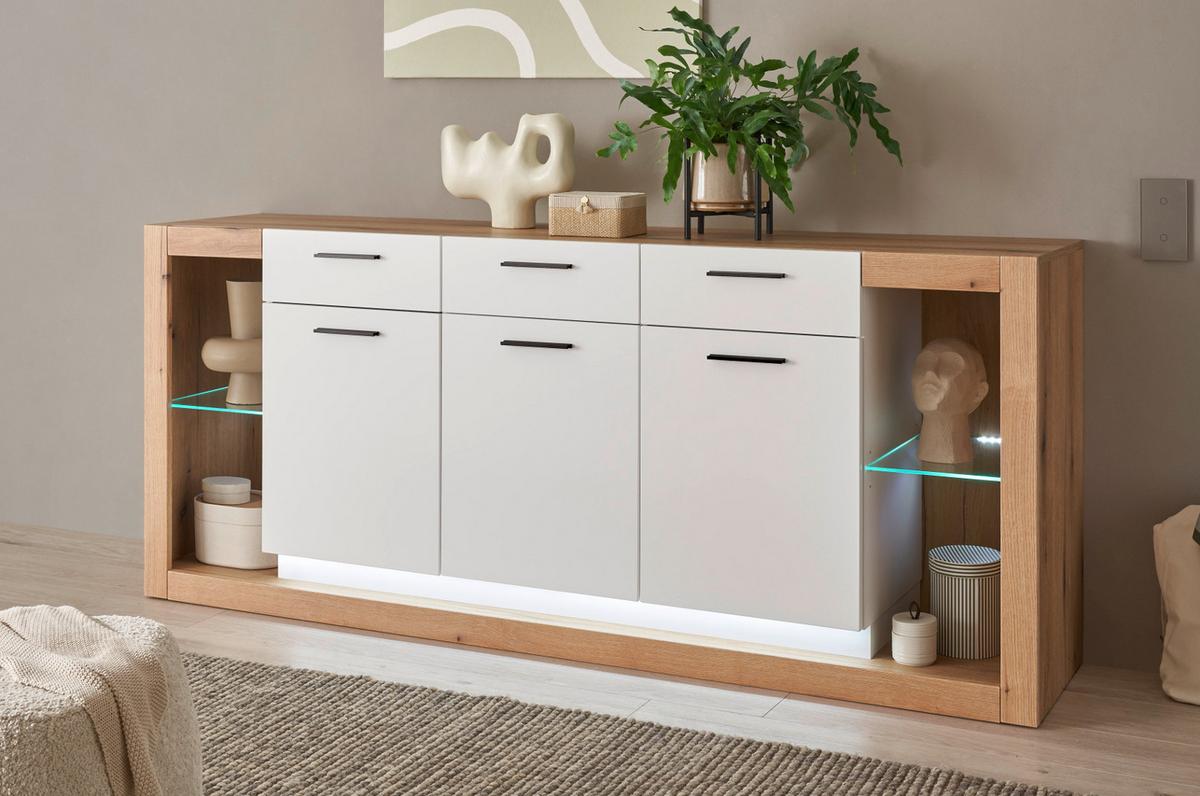 SIDEBOARD weiß matt, Evoke Eiche, Kommode 198 x 83 cm - Eichefarben/Silberfarben, Glas/Holzwerkstoff (198/83/43cm) - Furn.Design