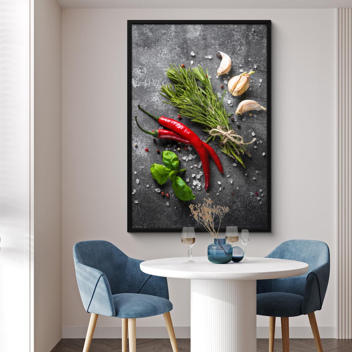 POSTER MIT RAHMEN Pfeffer - Kräuter - Gewürze - Beton Bilderleiste 80x120 cm - Dunkelgrau, Papier (80/120cm) - MuchoWow