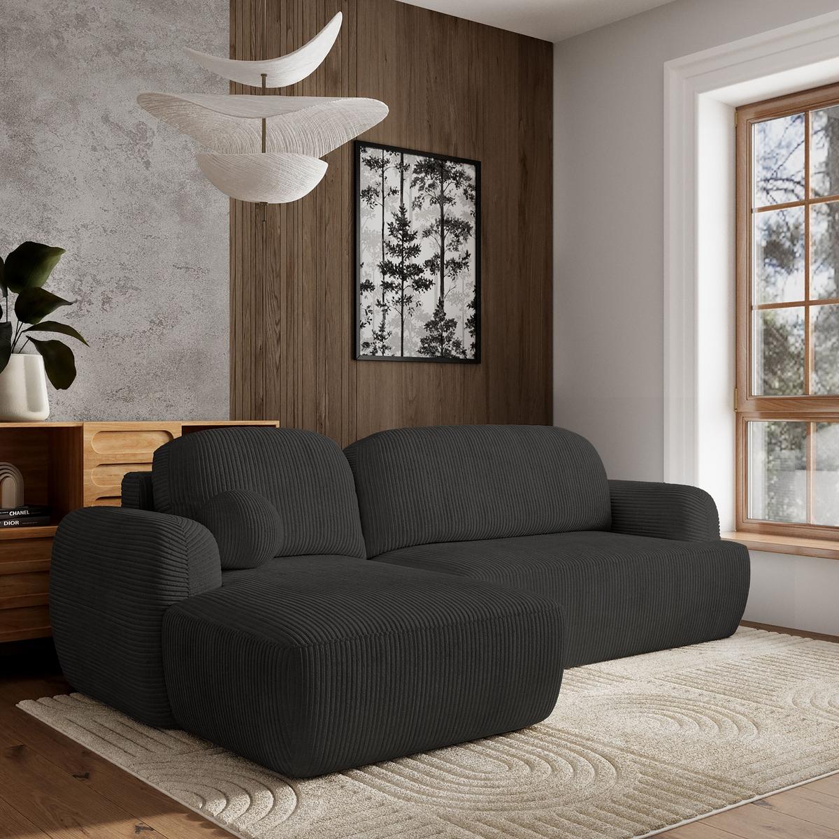 ECKSOFA MODENZA P L-S Schwarz Kordstoff mit Schlaffunktion - Schwarz, Holz/Kunststoff (266/148cm) - MASSENO