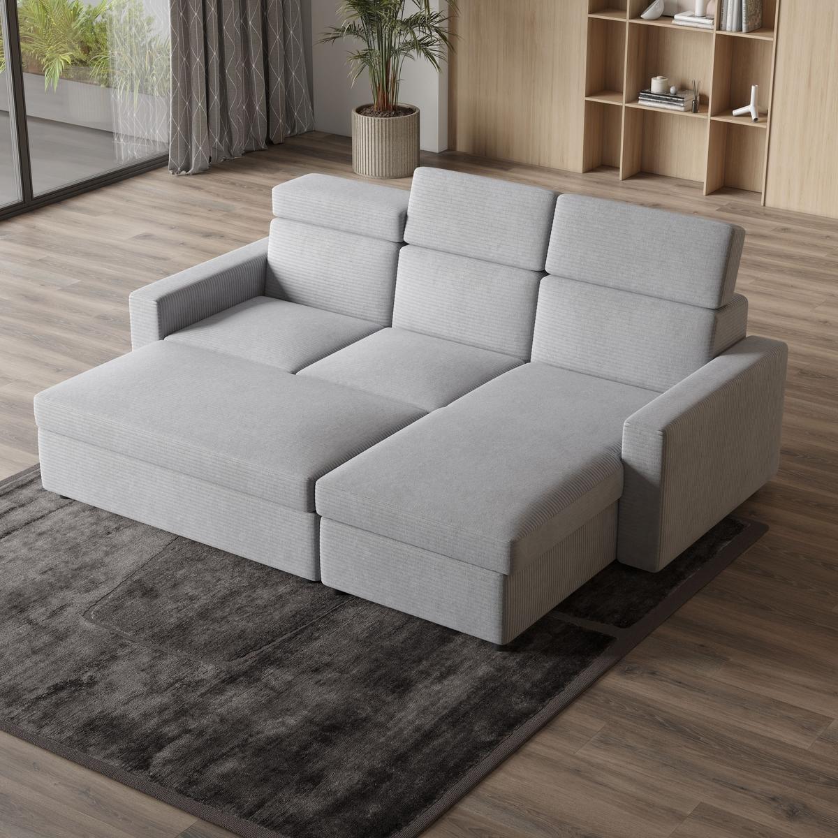 ECKSOFA PADWA Blau Kordstoff mit Schlaffunktion - Blau/Schwarz, Holz/Kunststoff (227/168cm) - MASSENO