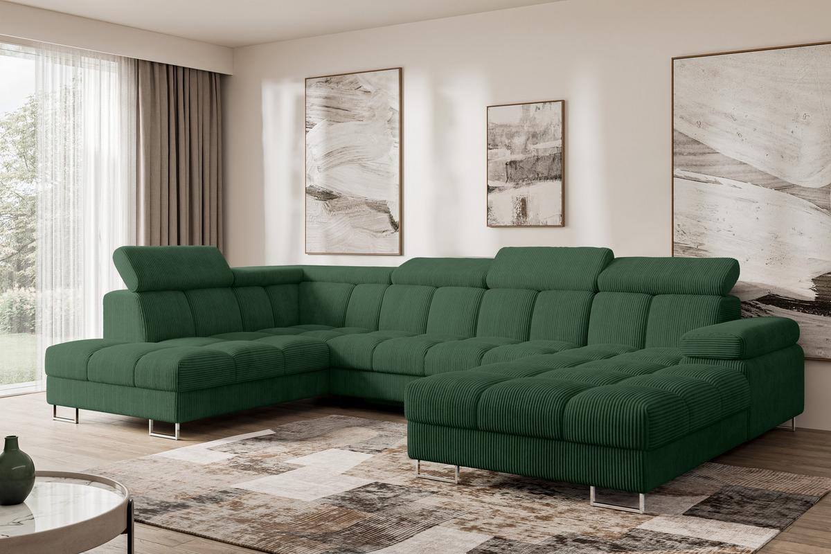 WOHNLANDSCHAFT mit Schlaffunktion und Bettkasten Ottomane Links COMA U 345x203x79 Grün Cord - Waldgrün, Holzwerkstoff/Textil (345/79/203cm) - ALTDECOR
