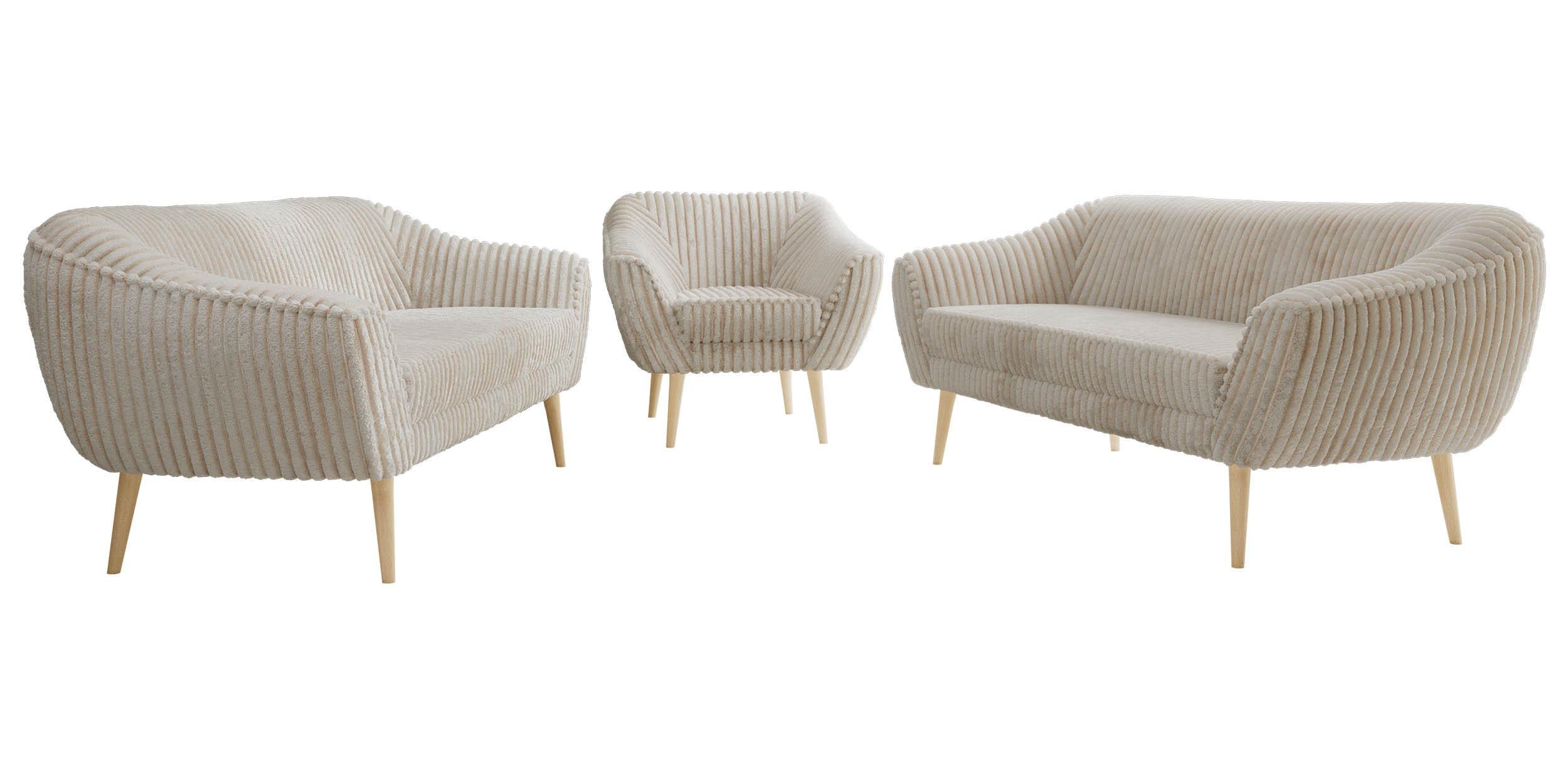 SITZGARNITUR PIRS 3+3+1 - Beige Cord - Holzbeine - Beige/Buchefarben, Holzwerkstoff/Textil (180/75/74cm) - MKS