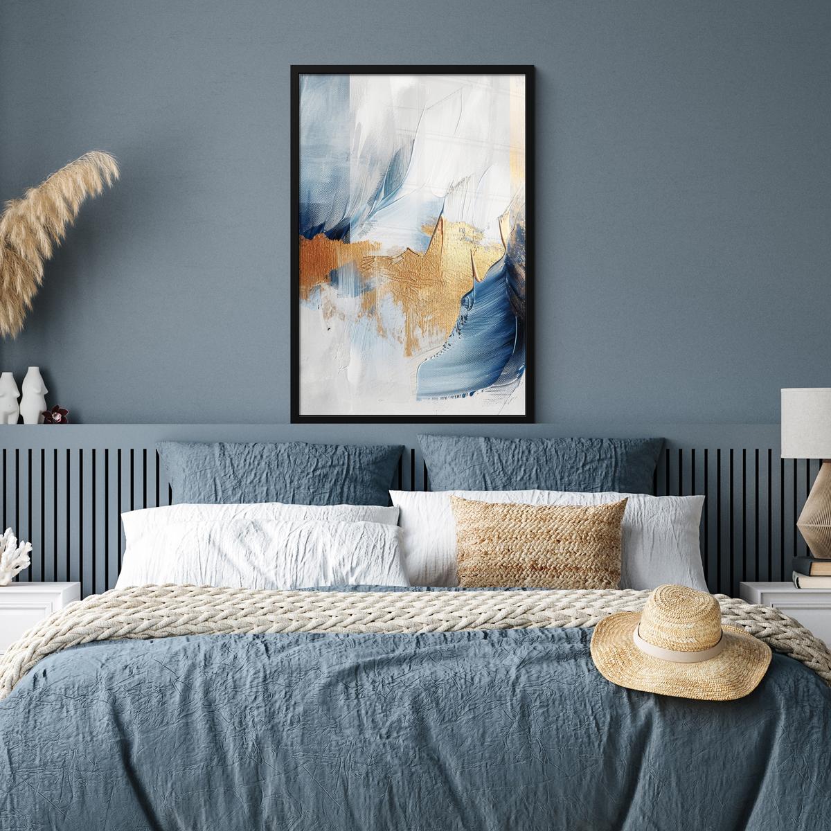POSTER MIT RAHMENGERAHMTES BILD Gold - Blau - Aquarell - Kunst - Modern 60x90 cm - Hellblau, Papier (60/90cm) - MuchoWow