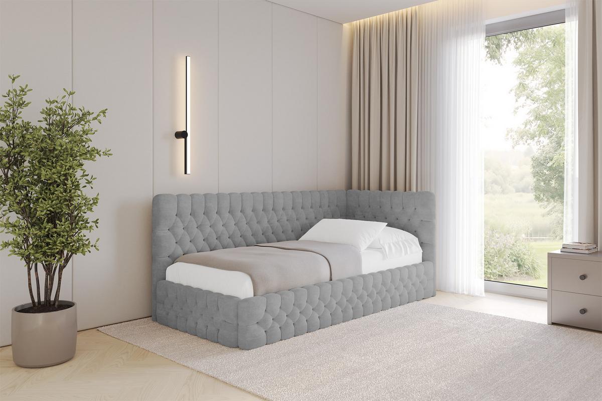 EINZELLBETT Jugendbett mit Bettkasten und Matratze H3/H4, Links - MULY 100x200 Grau - Hellgrau, Holzwerkstoff/Textil (100/200cm) - ALTDECOR