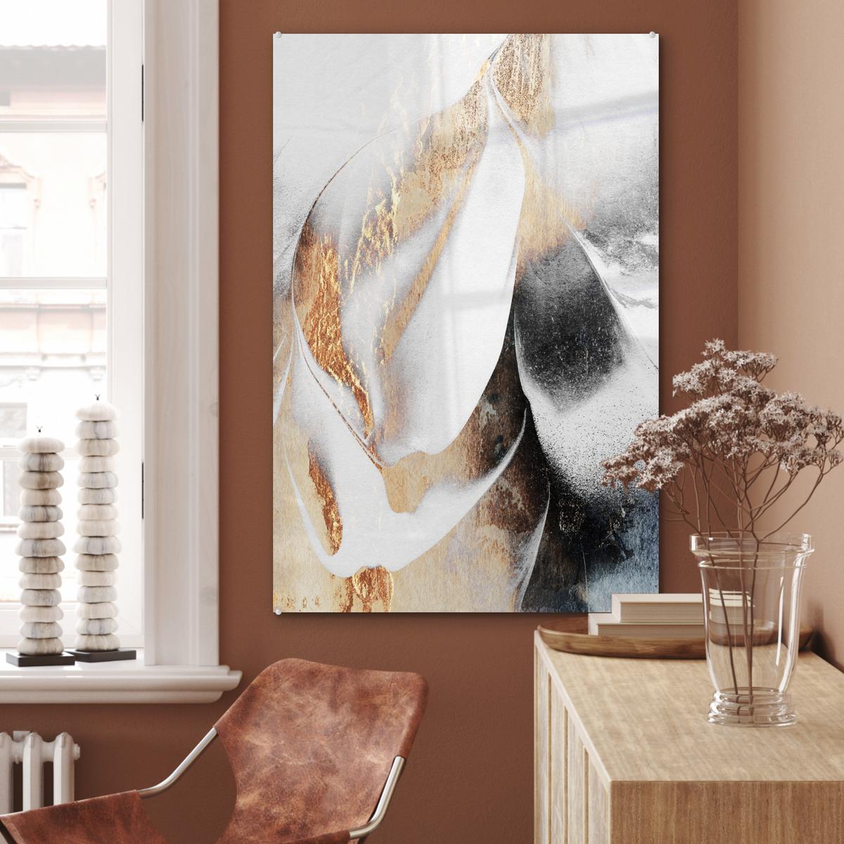 ACRYLGLASBILD Luxus - Abstrakt - Gold - Weiß 80x120 cm - Goldfarben, Glas (80/120cm) - MuchoWow