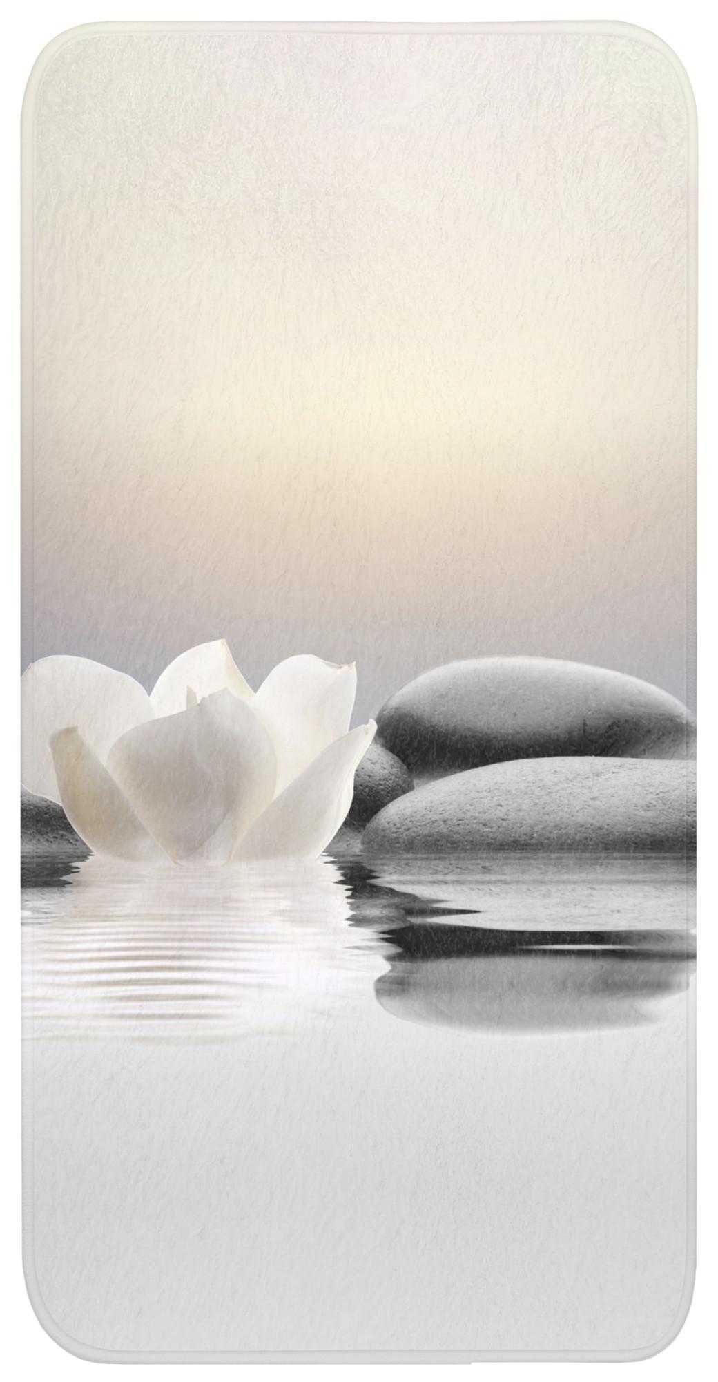 BADEMATTE Steine - Lotus - Weiß - Wasser - Zen Badteppich 60x120 cm - Weiß, Textil (60/120cm) - OnlyWow