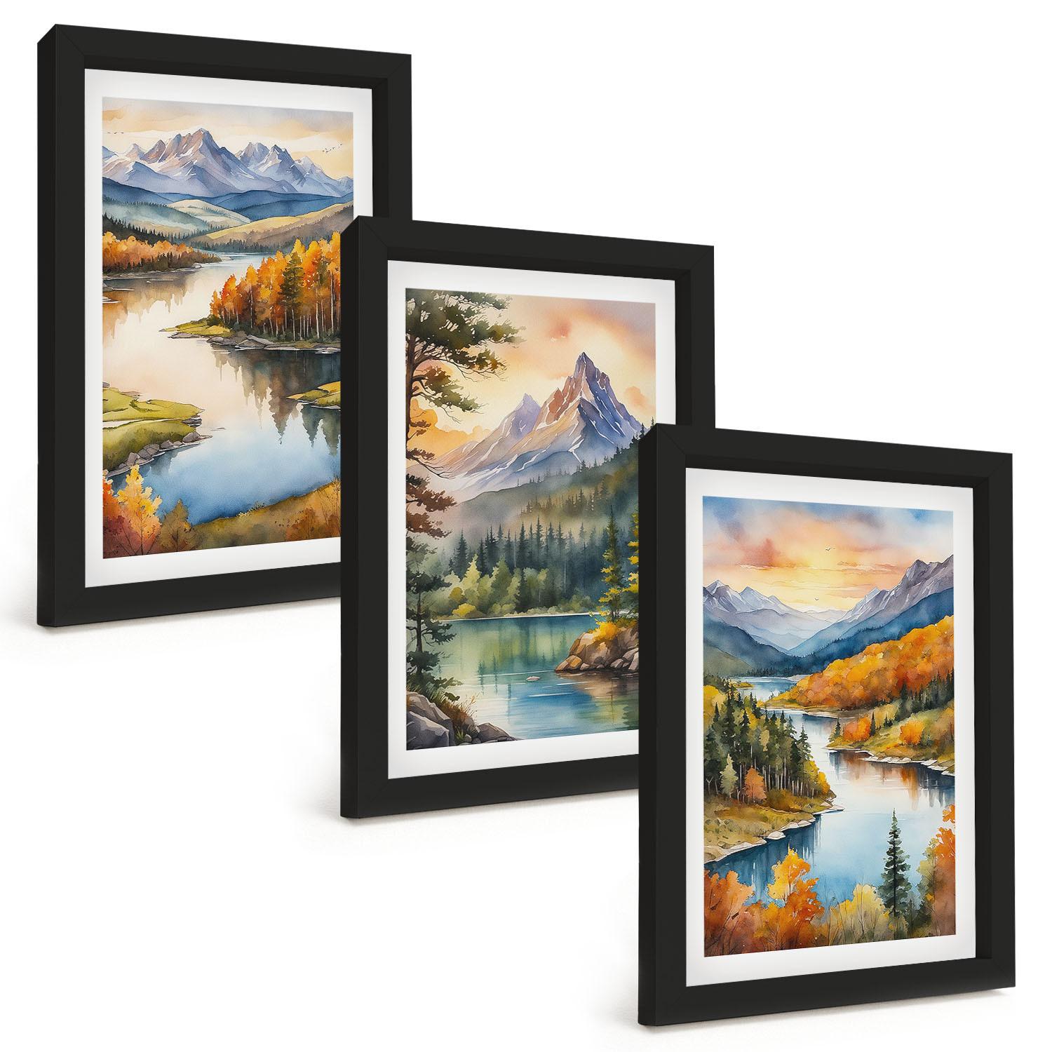 BILDER SET 3er Set - 20x30 cm Schwarzer Rahmen - Berglandschaften mit einem Fluss - Schwarz, Kunststoff (20/30cm) - TULUP