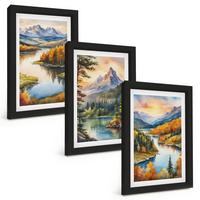 BILDER SET 3er Set - 20x30 cm Schwarzer Rahmen - Berglandschaften mit einem Fluss - Schwarz, Kunststoff (20/30cm) - TULUP