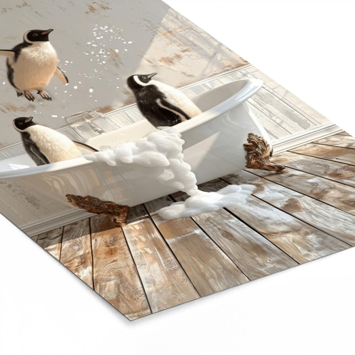 POSTER MIT RAHMEN Vintage - Pinguin - Badewanne - Schaumstoff 60x90 cm - Schwarz, Papier (60/90cm) - MuchoWow