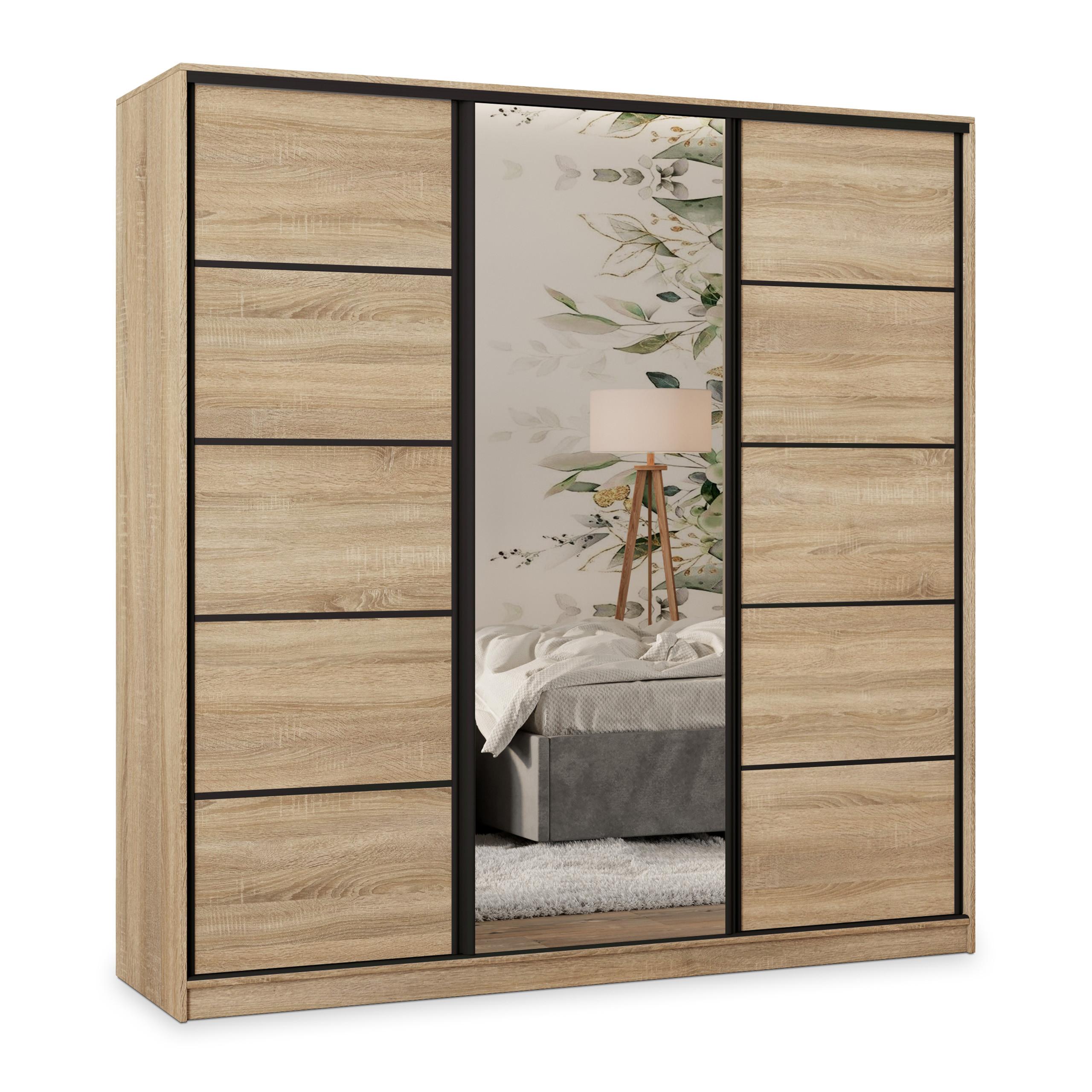 SCHWEBETÜRENSCHRANK PINA 200/205/58 cm 3-türig mit Spiegel und 4 Schubladen Sonoma Eiche - Sonoma Eiche, Holzwerkstoff (200/205/58cm) - MASSENO