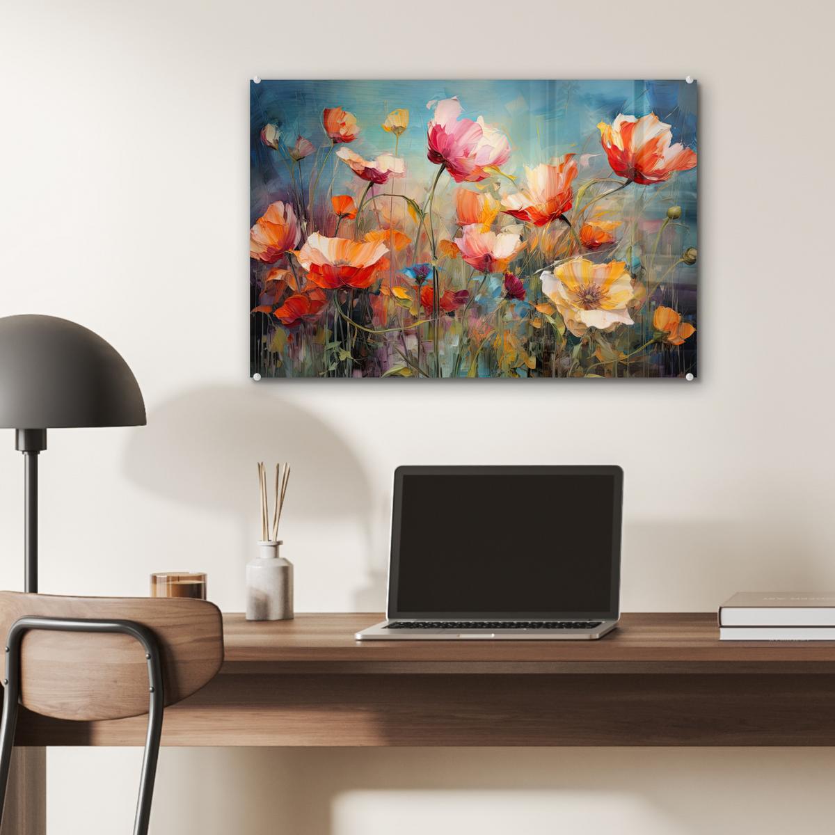 ACRYLGLASBILD Blumen - Aquarell - Kunst - Botanisch - Natur Wanddeko 60x40 cm - Orange, Glas (60/40cm) - MuchoWow