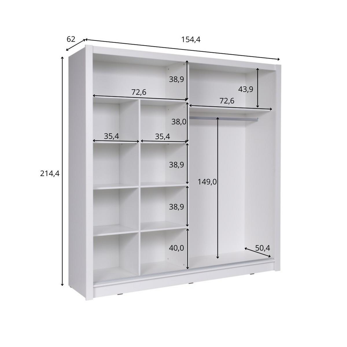 SCHWEBETÜRENSCHRANK FRISKA 154,4/214,4/62cm 2-türig mit Spiegel Weiß - Weiß, Holzwerkstoff (154.4/214.4/62cm) - MASSENO