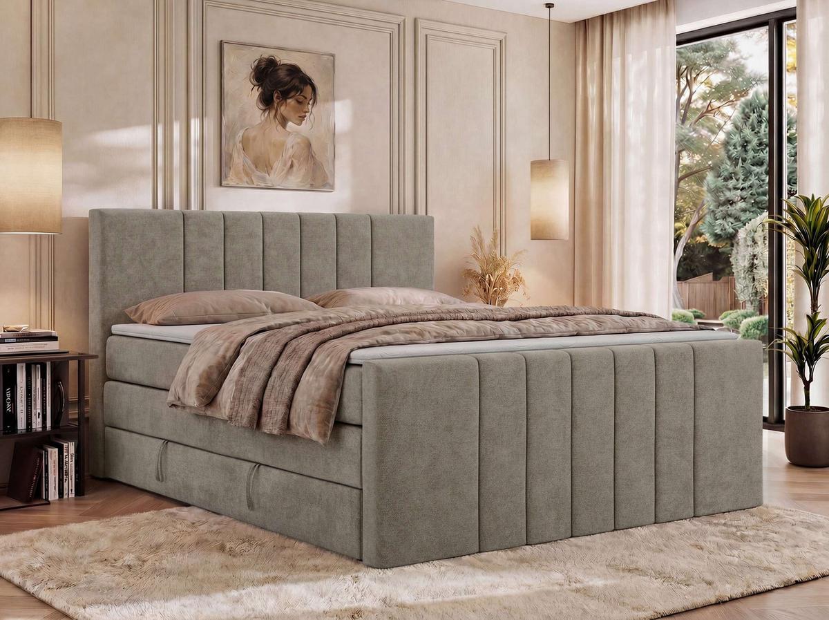 BOXSPRINGBETT INERO DUO KING 200/200 - Greige Stukture - Topper Visco - H4 - Greige/Schwarz, Kunststoff/Textil (200/200cm) - MKS