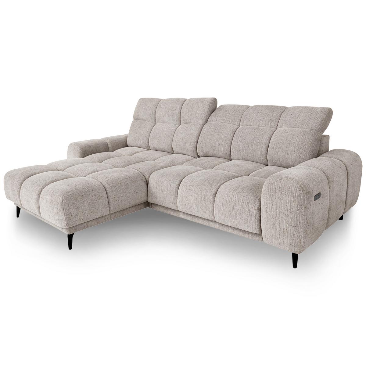 ECKSOFA Marco Mini mit elektrisch ausfahrbarem Sitz und verstellbaren Kopfstützen, Links, Chenille-Stoff, Beige - Beige/Schwarz, Textil (275/182cm) - Beautysofa
